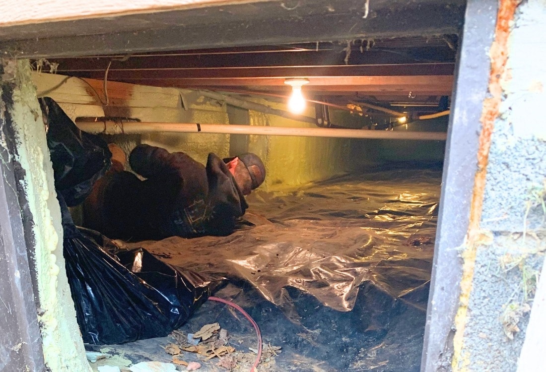 Crawl space repair contractor checking for pests and moisture during a maintenance inspection in Fairfax, VA.