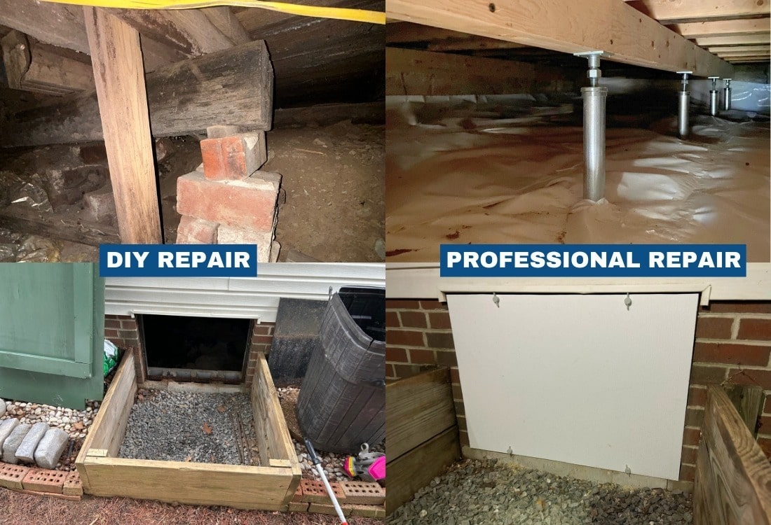 Split image comparing do-it-yourself crawl space repair with professional crawl space repair in Alexandria, VA.