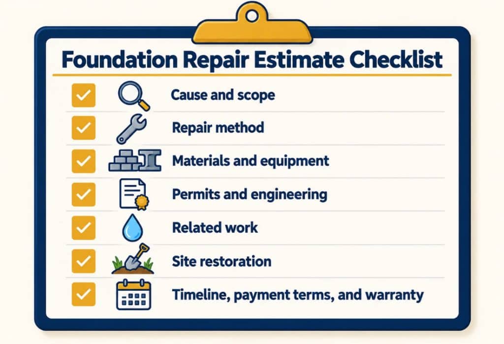 Foundation repair estimate checklist, from scope to timeline and warranty, for comparing foundation repair cost quotes in Fairfax, VA.