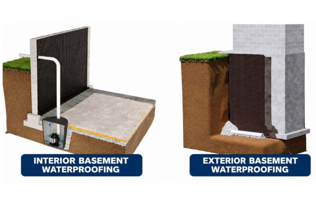 Diagram of two basement waterproofing methods in Winchester, VA, a drainage board on the inside and a membrane on the outside.
