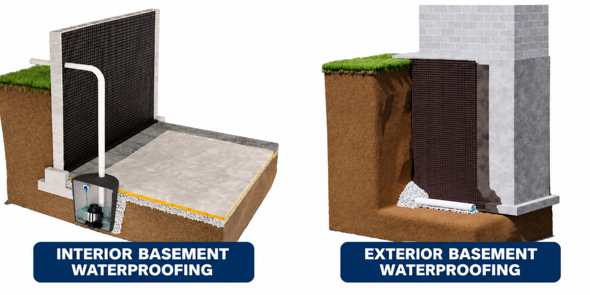 Illustration of types of basement waterproofing methods in Northern, VA, interior drainage with a sump pit and an exterior wall membrane