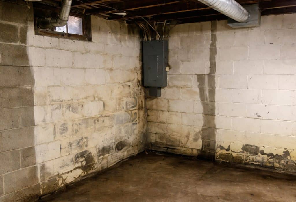 Concrete basement with water stains, and discolored walls, a sign that a buyer's inspector may flag during a home sale in Winchester, VA.