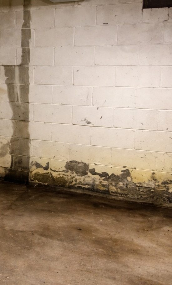 Basement wall with black mold growth, water staining, and efflorescence from moisture causing musty smell in Winchester, VA.